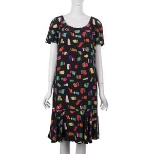 ALBERT NIPON Vintage 80s Women Dress 8 Black Printed Silk Short Sleeve Shift